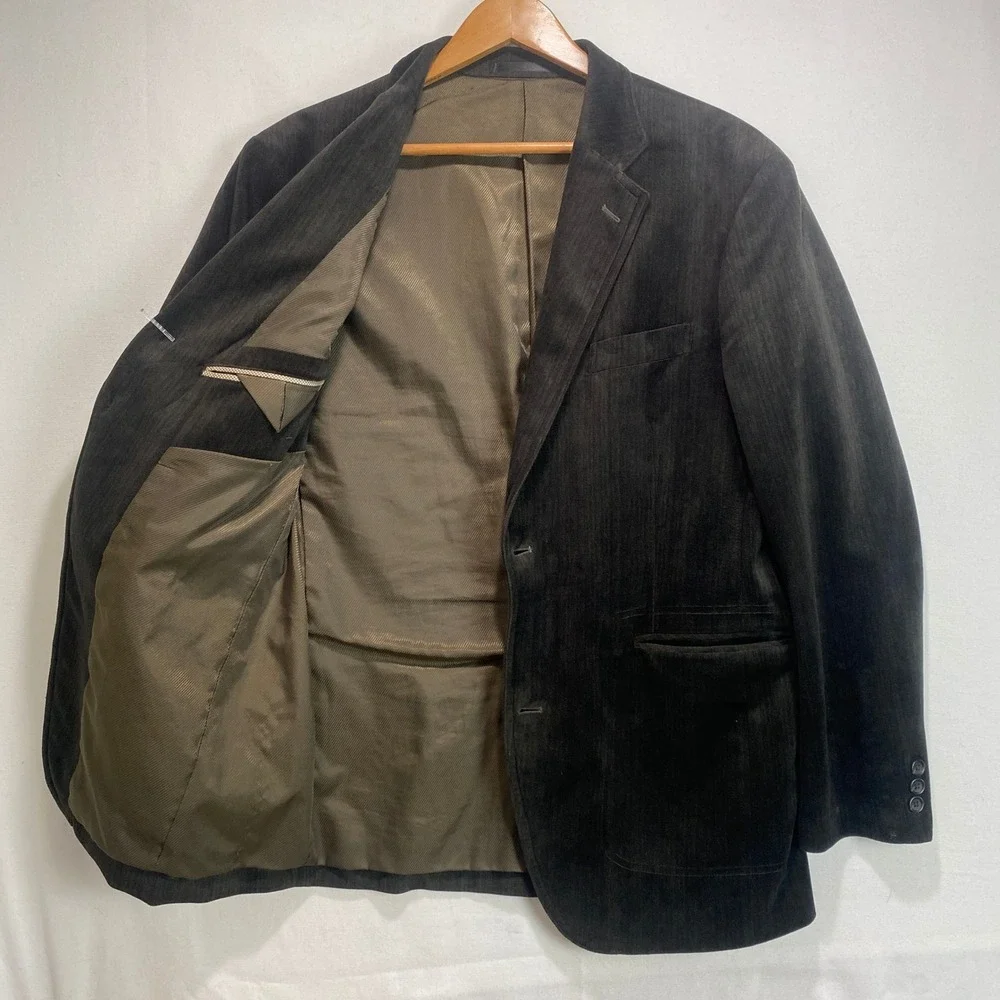 Kansai Yamamoto Mens Olive Green Faux Suede Two Button Blazer Jacket Size L